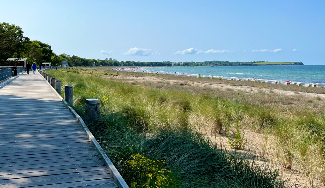 Dünenpromenade im Sommer mit Blick aufs Meer